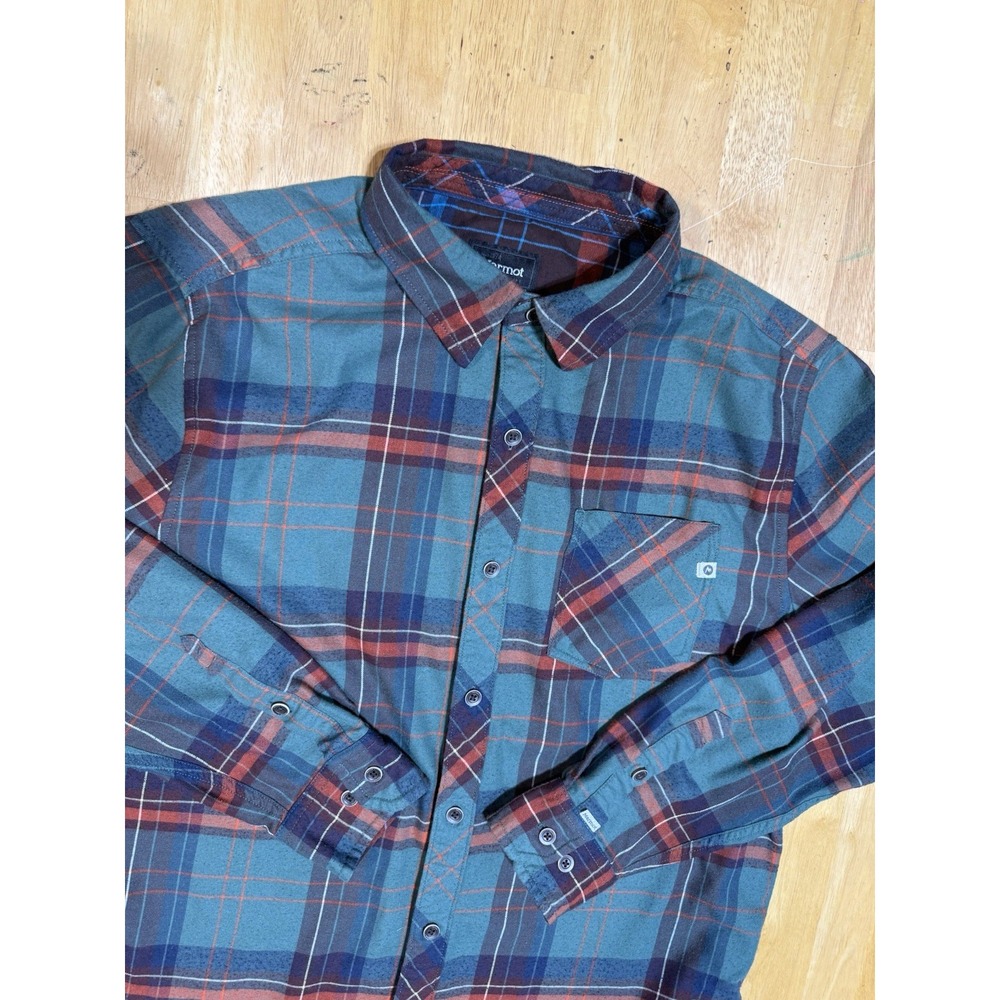 Marmot Plaid Flannel Shirt Mens Large Blue Green Orange Long Sleeve Button Up